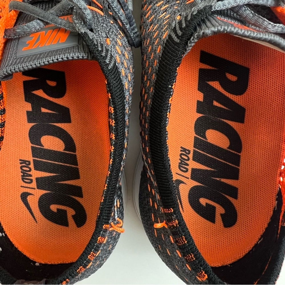 Nike Flyknit Racer Mens Size 9 Sneakers Runners Orange Black Mesh Swoosh - Picture 9 of 10
